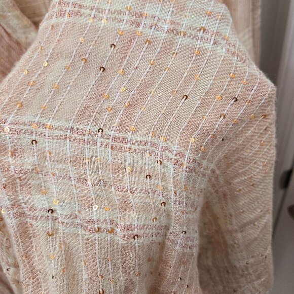Free People Button up Shirt Large Bohemian Beige Peach Metallic Sequin Blouse - Picture 9 of 10